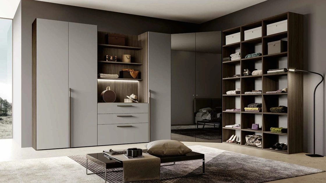 Armadio angolare finitura Grigio Seta, Noce moro e Specchio fumé Line V2 Vola di Imab