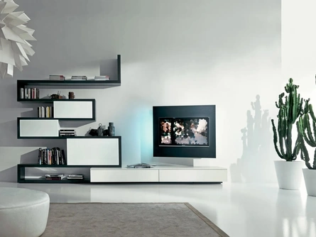 Parete Attrezzata Side 09 in finitura rovere vivo laccato nero e laccato inverno opaco con ante scorrevoli in vetro satinato laccato inverno di Fimar