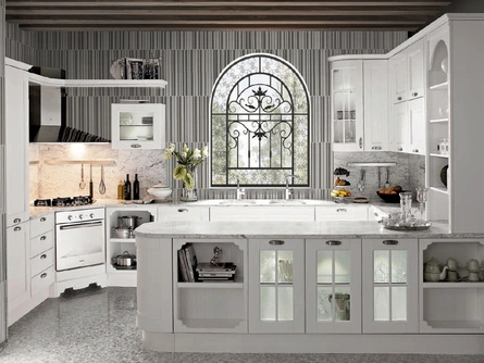 Cucina Classica in Frassino Bianco Canapa laccato a poro aperto Imperial Glamour con penisola di Aran
