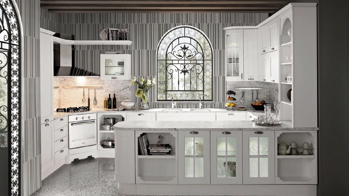 Cucina Classica in Frassino Bianco Canapa laccato a poro aperto Imperial Glamour con penisola di Aran