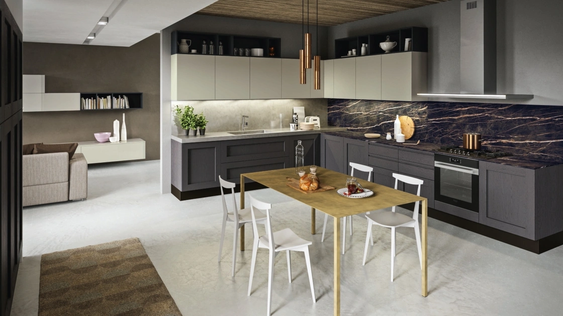 Cucina Classica angolare Licia in legno di Rovere Grigio Antracite e Grigio Seta di Aran