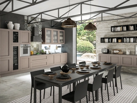 Cucina Classica lineare Licia in Rovere Visone e Vetro Bianco Opaco di Aran