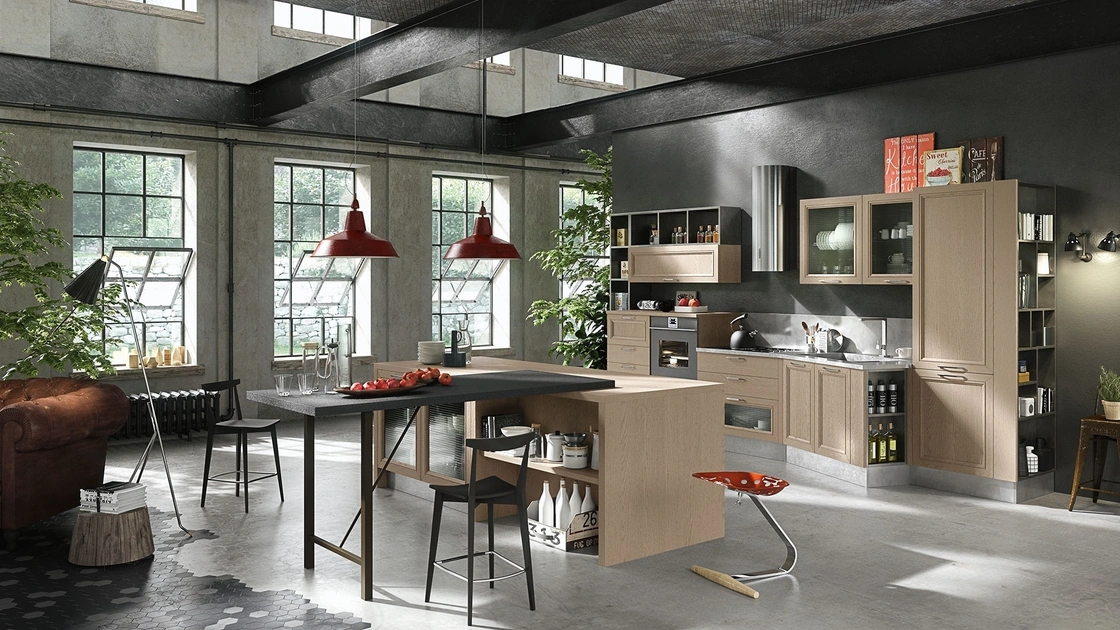 Cucina Classica con isola Magistra in Frassino laccato Argilla decapè di Aran