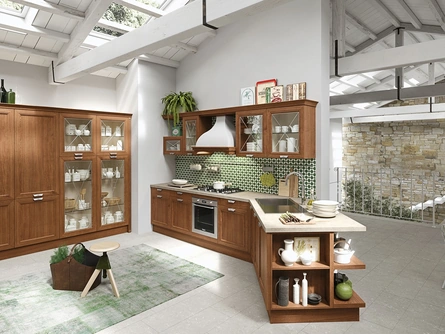 Cucina Classica con penisola Magistra in Frassino tinto Rovere anticato e vetro di Aran