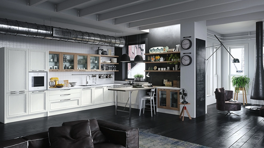 Cucina Classica angolare con penisola Magistra in Frassino laccato Bianco di Aran