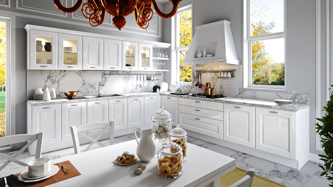 Cucina Classica angolare Trevi in Castagno laccato Bianco lucido di Aran