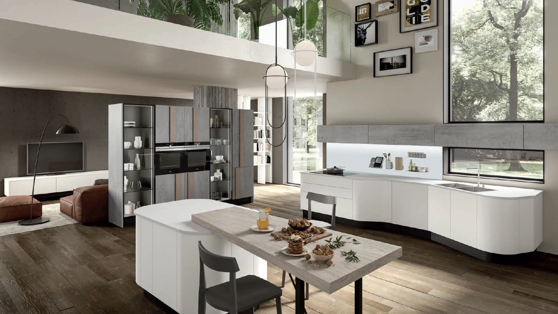 Cucina Design dalla forma asimmetrica con isola Erika in LPL Bianco di Aran