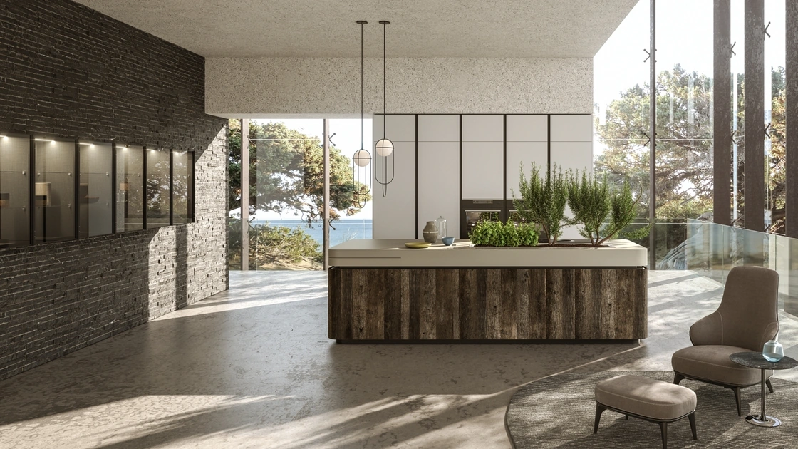 Cucina Design Oasi in Rovere ossidato con piante inserite nel top di Aran