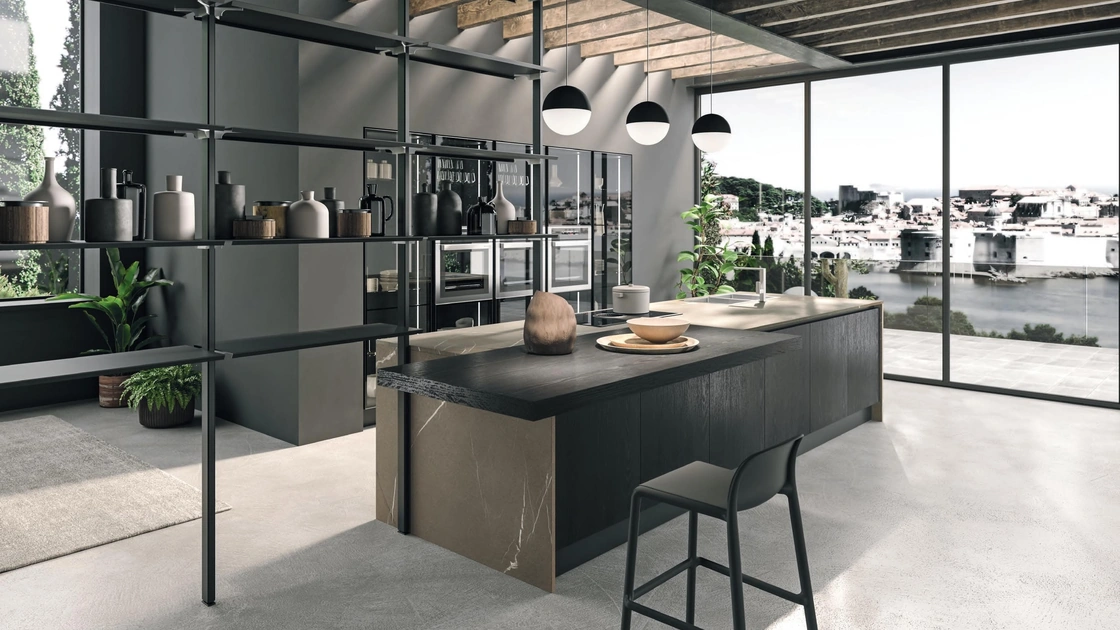 Cucina Design con isola Volare in Rovere Moka e laminato di Aran
