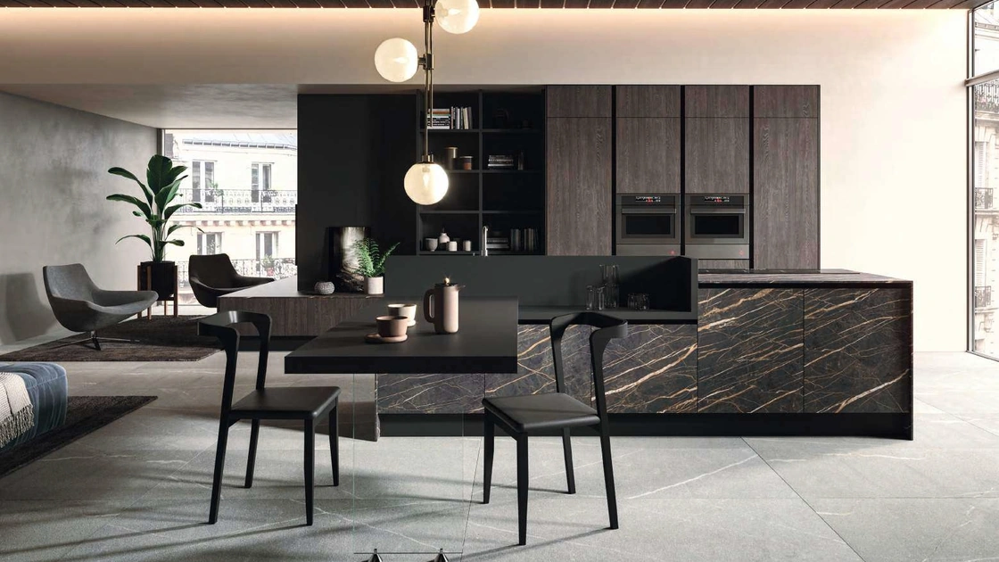 Cucina Design con isola Bijou in grès cava noir desir di Aran
