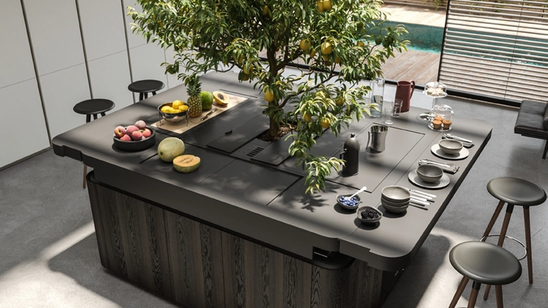 Cucina Design a isola Oasi in Rovere fossile con albero di limoni di Aran