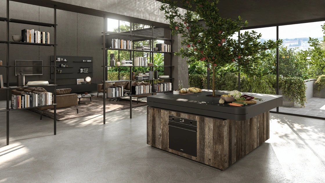 Cucina Design a isola di forma quadrata con albero centrale Oasi in Rovere ossidato di Aran
