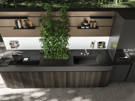 Cucina Design Oasi lineare in Rovere fossile con pianta inserita nel top di Aran
