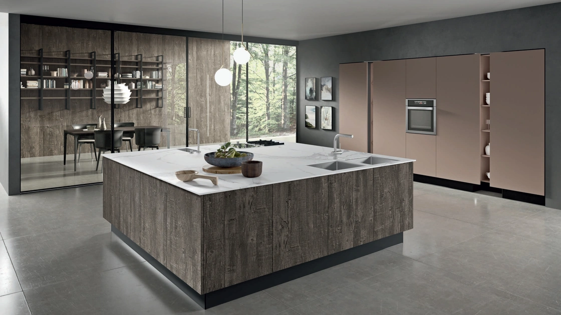 Cucina Design a isola centrale Penelope in HPL corteccia e piano in grès statuario bianco di Aran