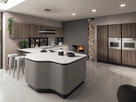 Cucina Design con penisola Penelope in HPL Grigio e HPL Noce con top in marmo di Carrara spazzolat
