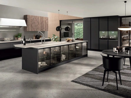 Cucina Design con isola Penelope in HPL Nero opaco e vetro di Aran