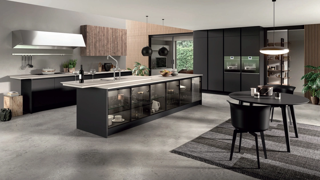 Cucina Design con isola Penelope in HPL Nero opaco e vetro di Aran