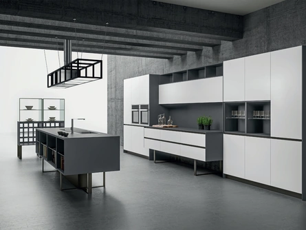 Cucina Design Sipario con isola in Fenix Grigio Bromo e Bianco Alaska di Aran