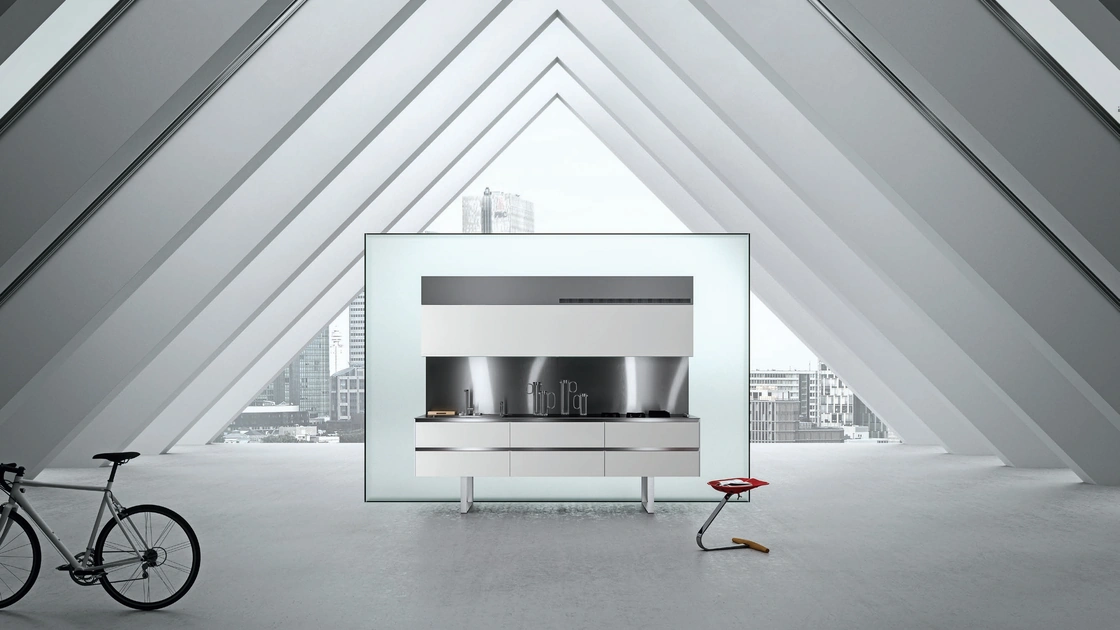 Cucina Design lineare Sipario in Fenix Bianco Alaska e Acciaio inox di Aran