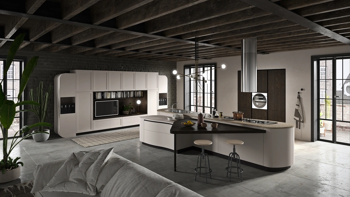 Cucina Design con grande isola centrale Vita Bella in laccato Corda opaco di Aran