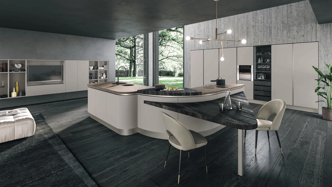 Cucina Design Volare con isola centrale dalle forme curvilinee in laccato Bianco opaco di Aran