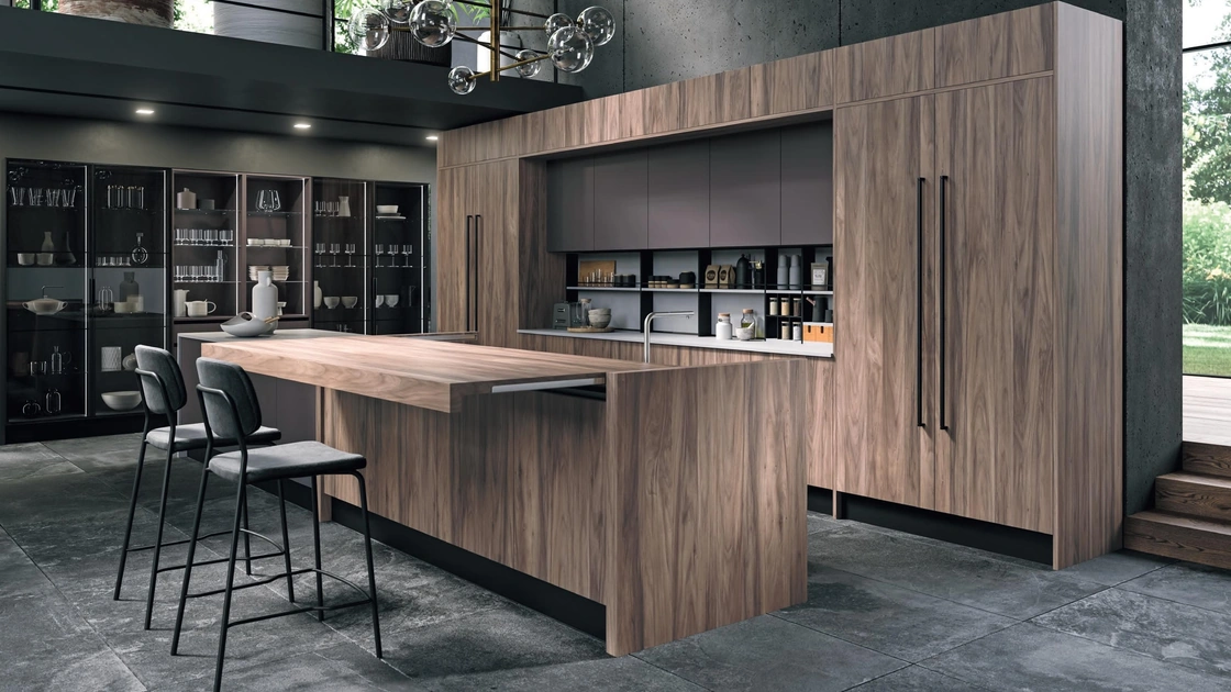 Cucina Design con isola Volare in Legno e Vetro di Aran