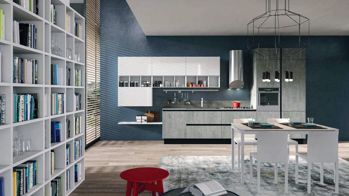 Cucina Moderna Bijou in grès Pietra di Savoia grigia e vetro bianco lucido di Aran