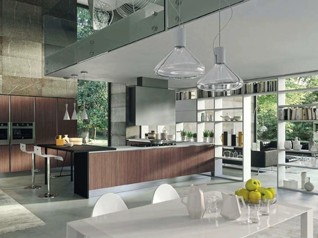 Cucina Moderna con penisola Bijou in Noce mondolé e Vetro bianco opaco di Aran