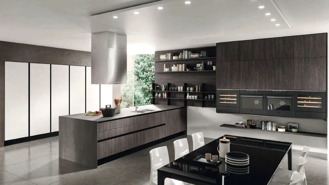 Cucina Bijou con penisola in Rovere Barrique di Aran