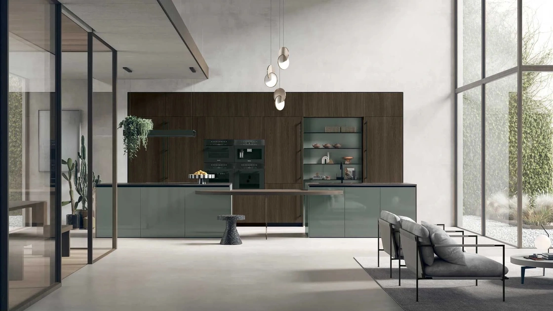 Cucina Moderna con isola Color Trend 09 in Rovere Termocotto Cannettato e laccato lucido Timo e di Stosa