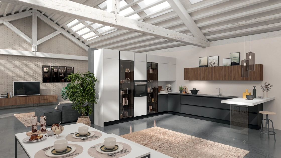 Cucina Moderna angolare con penisola Erika in laccato opaco Grigio grafite e PET Bianco opaco di Aran