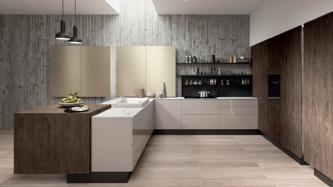 Cucina Moderna con penisola Erika in PET grigio Beton e LPL Quercia Moka di Aran