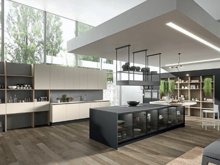 Cucina Moderna con isola Erika in PET laccato Grigio seta e Nero opaco di Aran