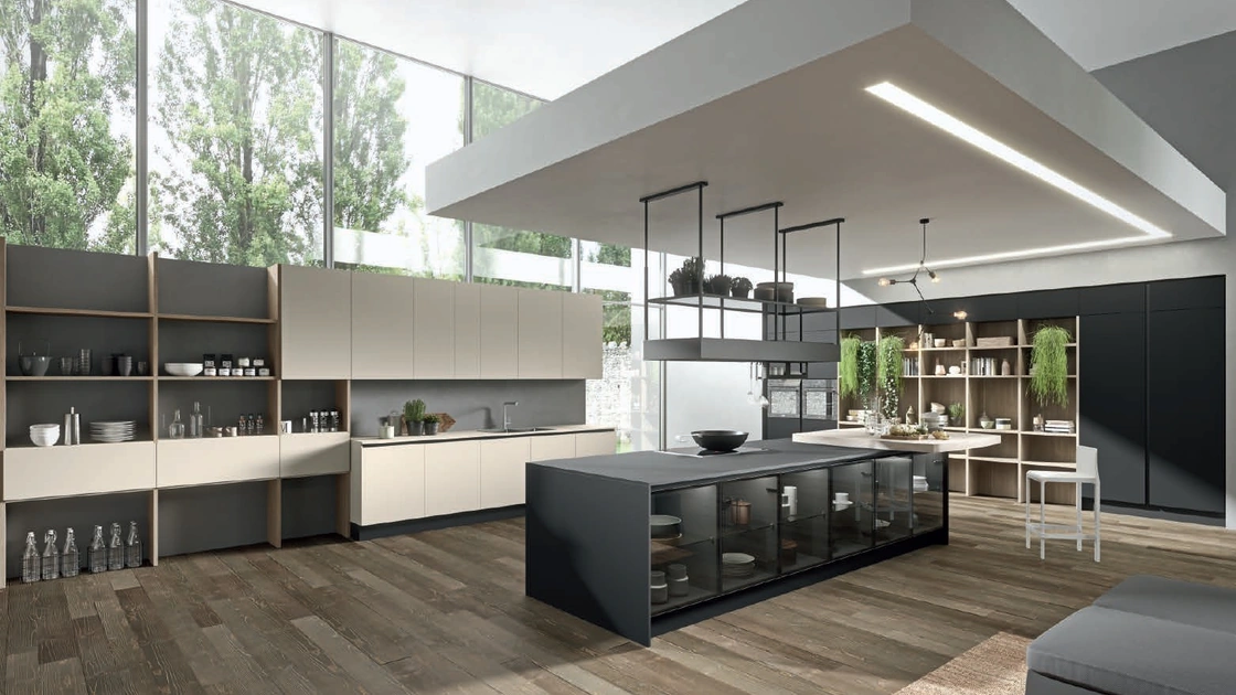 Cucina Moderna con isola Erika in PET laccato Grigio seta e Nero opaco di Aran