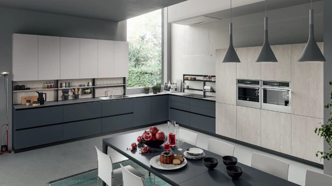 Cucina Moderna angolare Erika in laccato opaco Grigio e LPL Quercia Avena di Aran