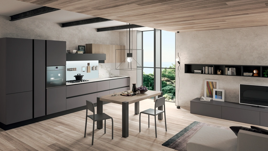 Cucina Moderna lineare Erika in LPL Ombra con profilo Nero e Rovere Brugès di Aran