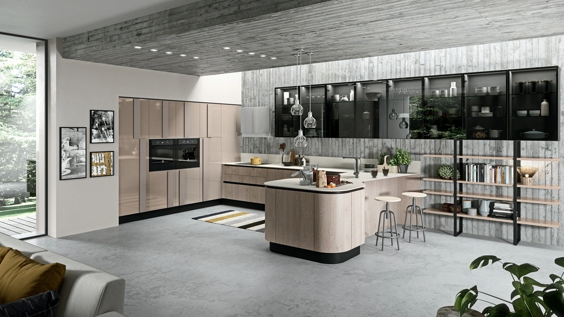 Cucina Moderna con penisola Erika in LPL Rovere cipria di Aran