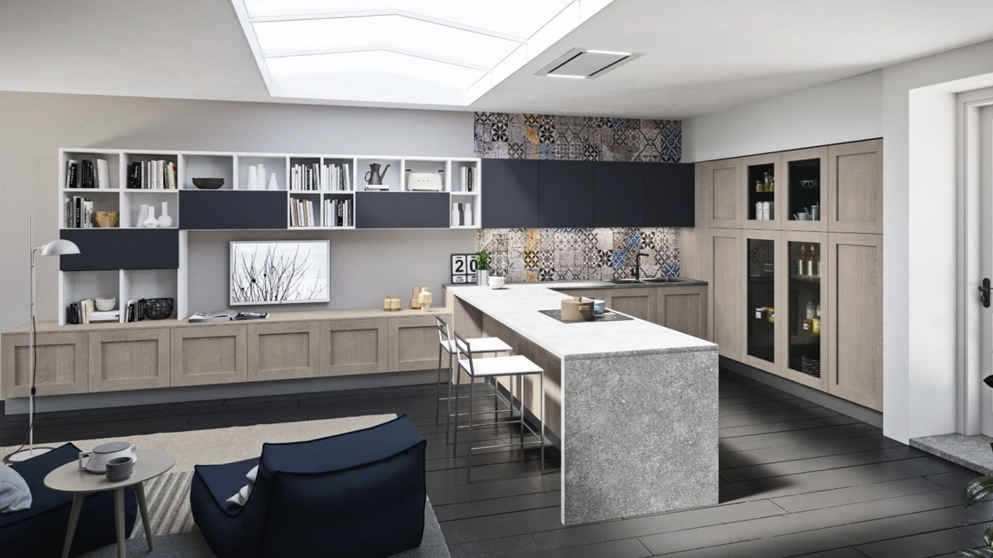 Cucina Moderna angolare con penisola Licia in legno di Rovere e Cemento di Aran