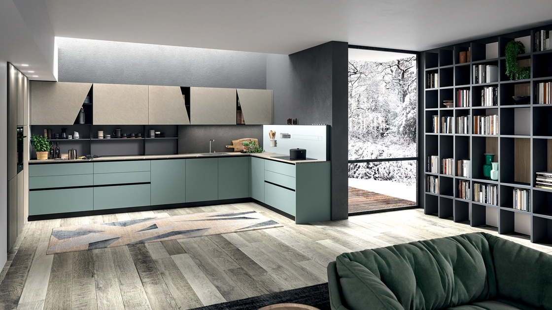 Cucina Moderna angolare Mia in LPL Verde Oliva e Argilla di Aran