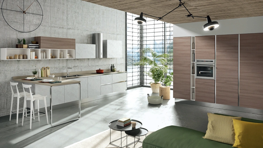 Cucina Moderna con penisola Mia in LPL Malta e Bianco seta di Aran