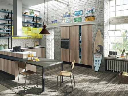 Cucina Moderna con penisola Mia in melaminico Rovere graffiato di Aran