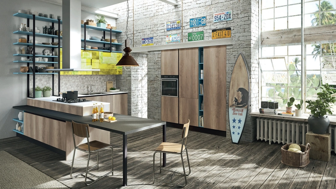 Cucina Moderna con penisola Mia in melaminico Rovere graffiato di Aran
