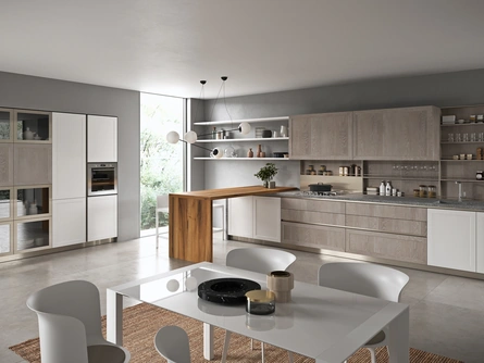 Cucina Moderna con penisola Vita Bella in Rovere Dust e laccato Bianco opaco di Aran