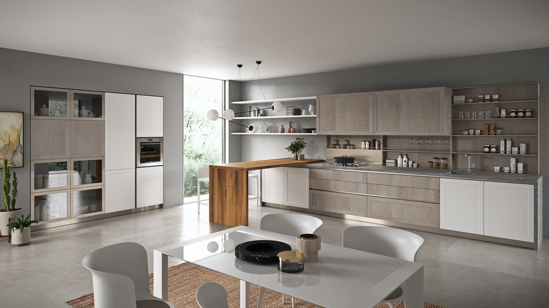 Cucina Moderna con penisola Vita Bella in Rovere Dust e laccato Bianco opaco di Aran
