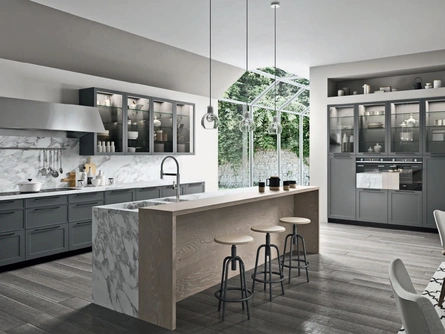 Cucina Moderna Vita Bella in laccato Grafite con isola in Marmo di Carrara e legno di Aran