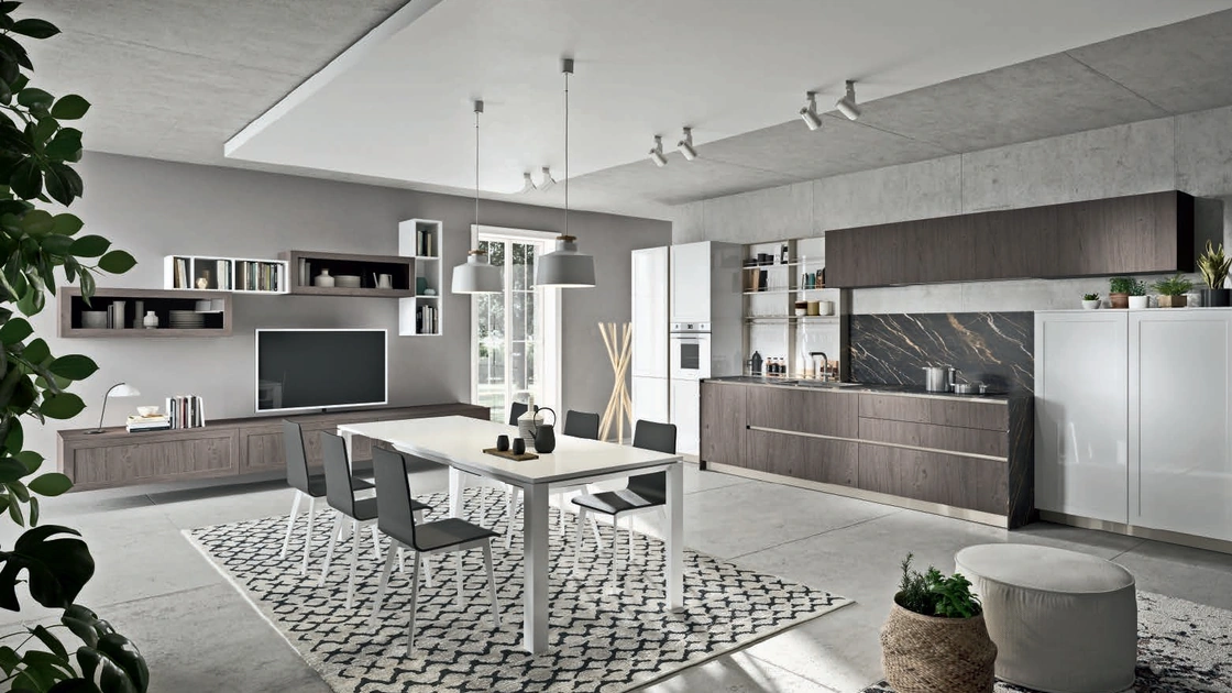 Cucina Moderna lineare Vita Bella in Rovere dilavato e Bianco lucido con top in Grés di Aran
